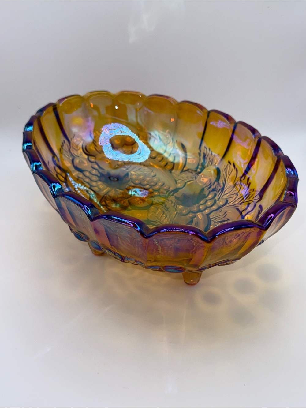 Vintage Indiana Glass Iridescent Amber Footed Fruit Bowl Carnival Glass Bowl